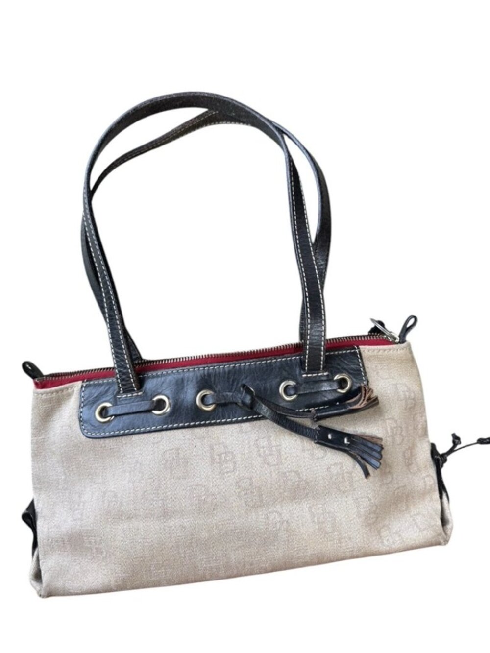 Vtg Dooney & Bourke Signature Purse Tan Canvas, Black Leather Accents & Handle